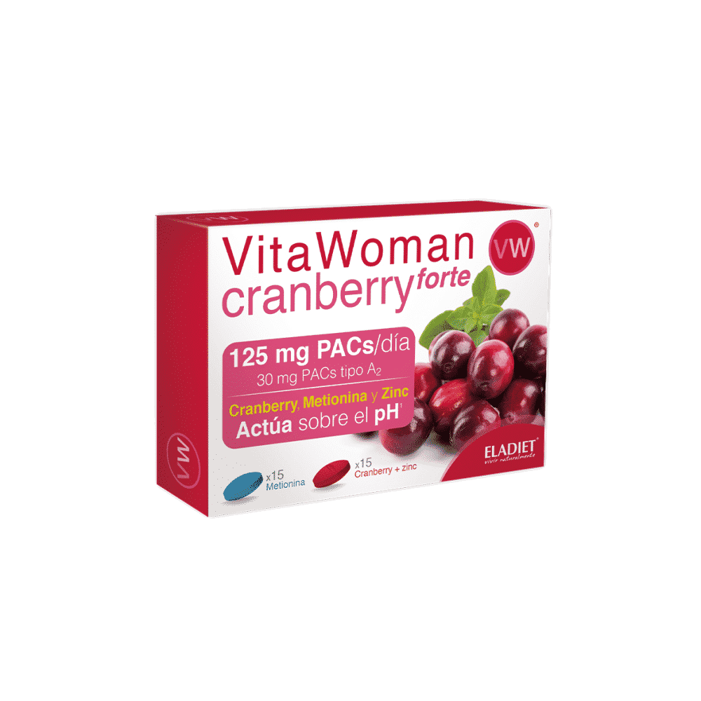 Vitawomen Cranberry Forte (15+15 comp.) Eladiet Vitawomen Cranberry Forte, suplemento alimentar, sem açúcar, sem glúten, sem lactose