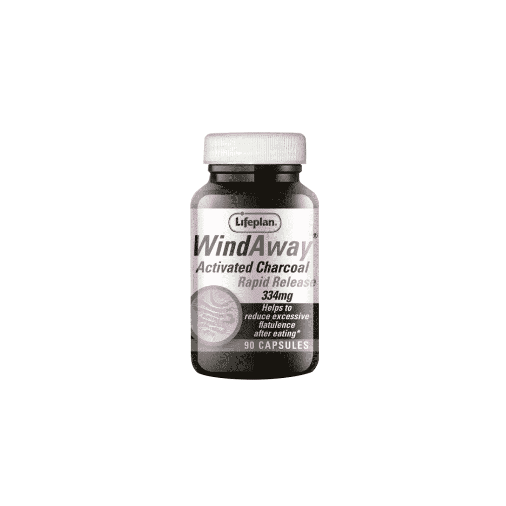 WindAway Activated Charcoal 334mg 30s Lifeplan WindAway Activated Charcoal, suplemento alimentar, vegan e vegetariano