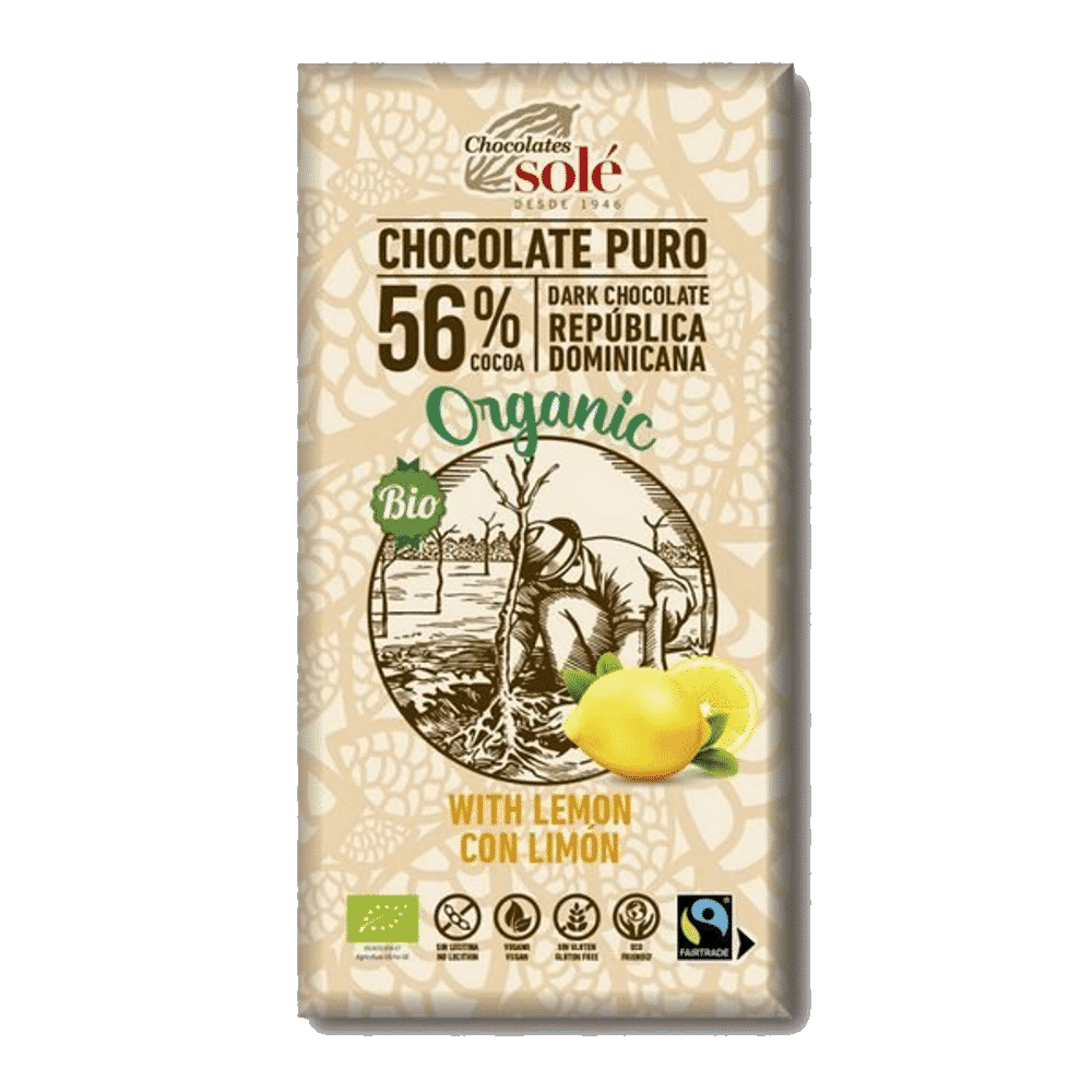 Chocolate Negro 56% com Limão 100gr Solé Chocolate Negro com Limão, ingredientes biológicos, sem glúten, vegan