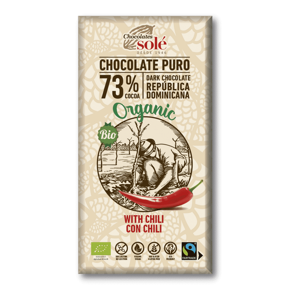 Chocolate Negro 73% Com Chili Bio 100gr Chocolate Negro com Chili, ingredientes biológicos, sem glúten, vegan