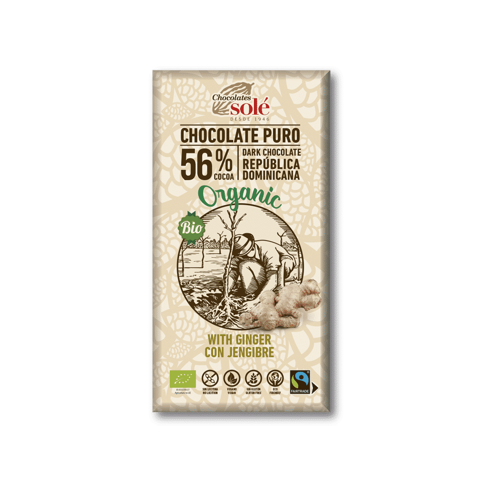 Chocolate negro 56% C Gengibre Bio 100gr Chocolate Negro com Gengibre, ingredientes biológicos, sem glúten, vegan