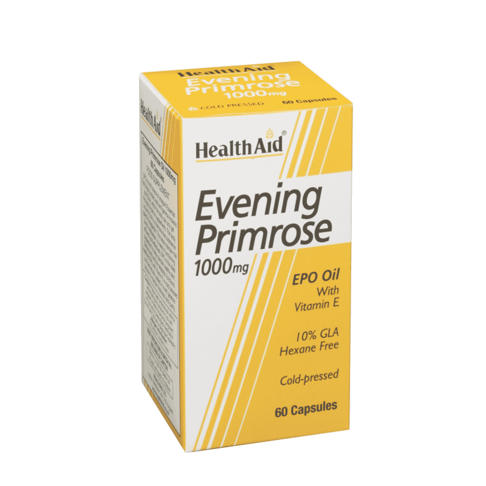 Evening Primorose 1000mg Onagra 60 Caps HealthAid Evening Primrose, suplemento alimentar sem açúcar, sem glúten, sem soja