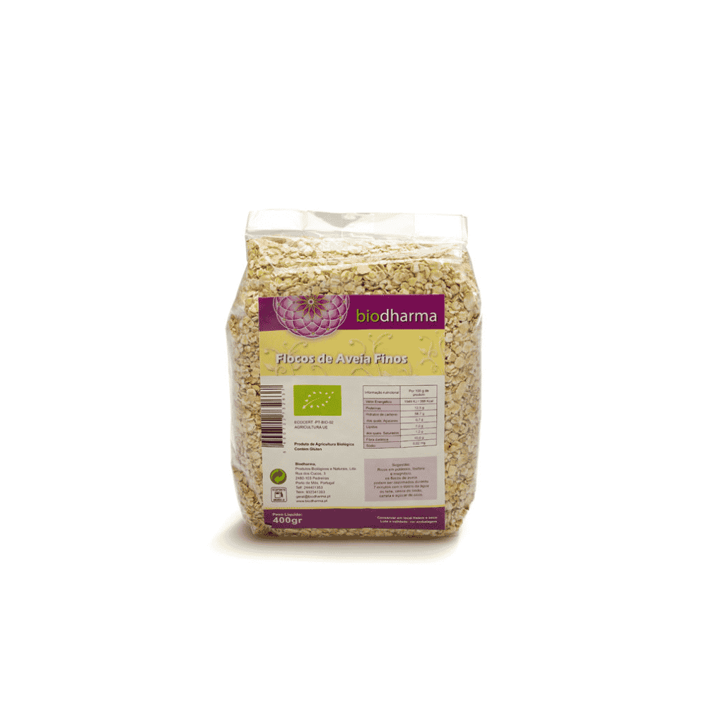 Flocos de Aveia Finos Bio 400gr Biodharma Flocos de Aveia Integrais Finos Bio, ingredientes biológicos, sem lactose, vegan e vegetariano