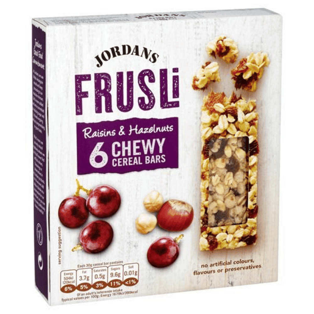 Jordans Barra Frusli Uva+Avela 6x30gr Barra Frusli Uva e Avelã, barras com aveia integral, passas de uva e avelãs tostadas.