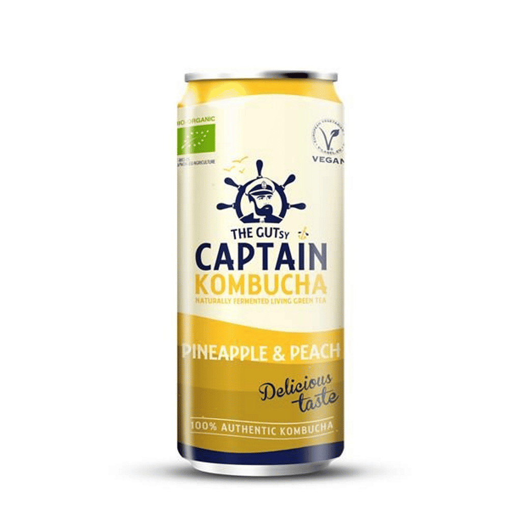 Kombucha ananas e pessego lata bio 250ml the gutsy Capitain Kombucha Kombucha Ananás e Pêssego, com ingredientes biológicos, sem glúten, sem lactose, vegan e vegetariano