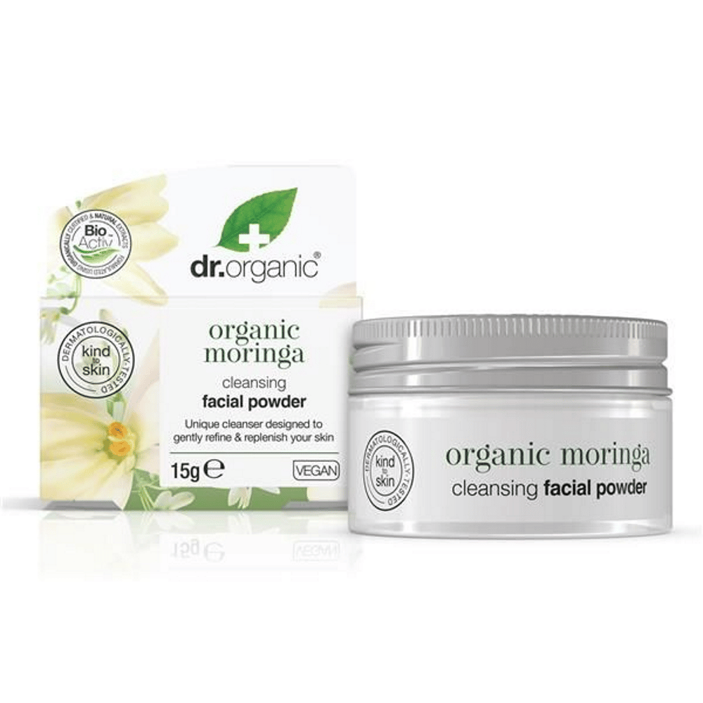 Pó para limpeza facial Moringa Dr Organic Pó para Limpeza Facial, com ingredientes biológicos, cosmética vegan