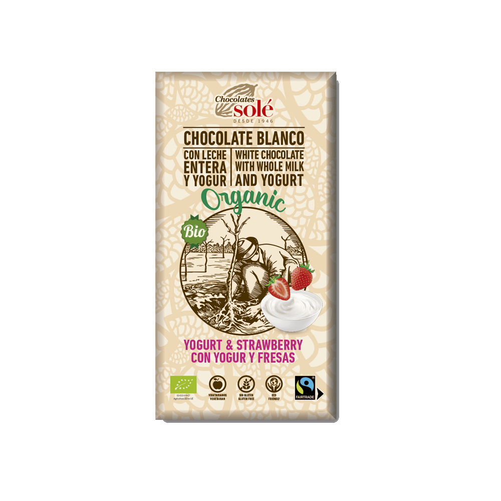 Chocolate Branco Iogurte e Morango Bio 100gr Chocolate Branco com Iogurte e Morango, com ingredientes biológicos, sem glúten, alimentação vegan