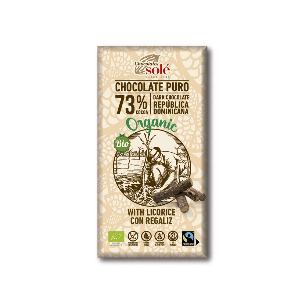 Chocolate Negro 73% com Alcaçuz 100gr Solé Chocolate Negro 73% com Alcaçuz, com ingredientes biológicos, sem glúten, alimentação vegan