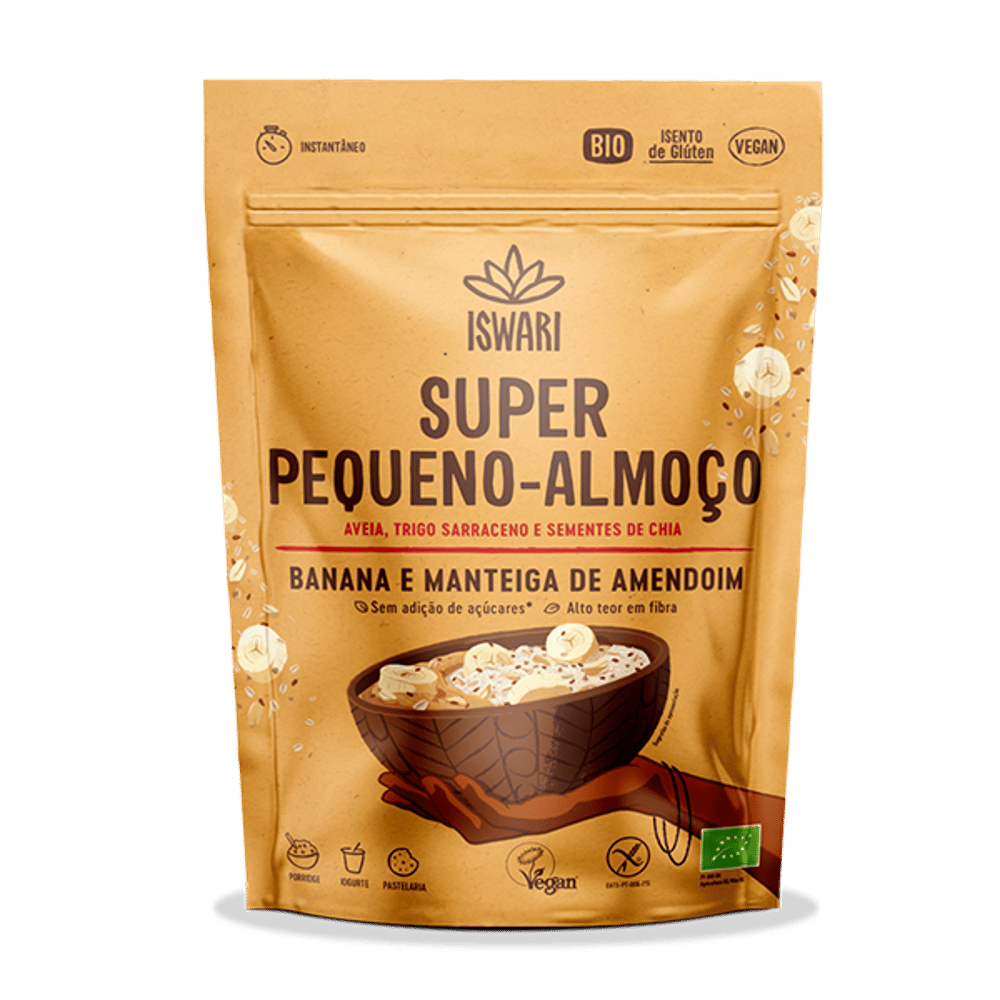 Super Pequeno Almoço Banana Amendoim 360gr Iswari Super Pequeno Almoço Banana e Manteiga de Amendoim, com ingredientes biológicos, sem glúten, adequado a vegans
