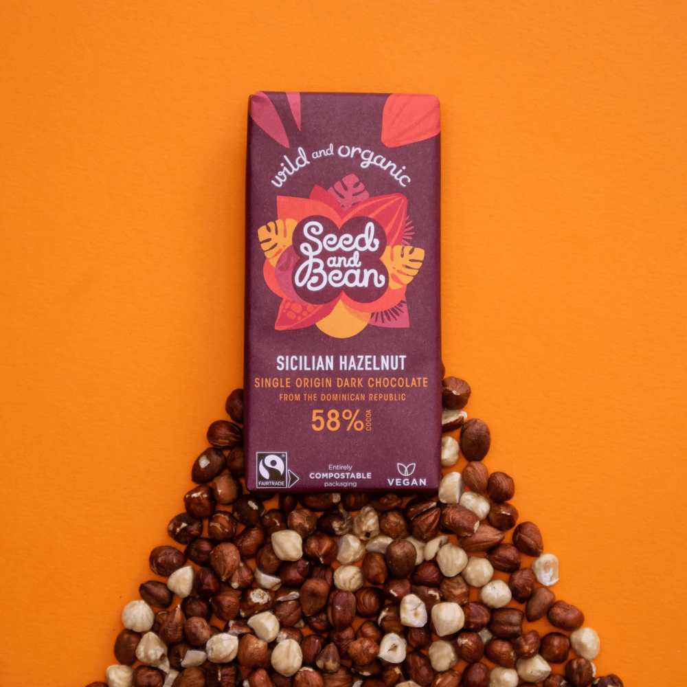 Chocolate negro 58% c avelãs sicilianas 75g bio vegan Seed and Beans 2 Chocolate Negro com Avelãs Sicilianas, com ingredientes biológicos, adequado a vegans