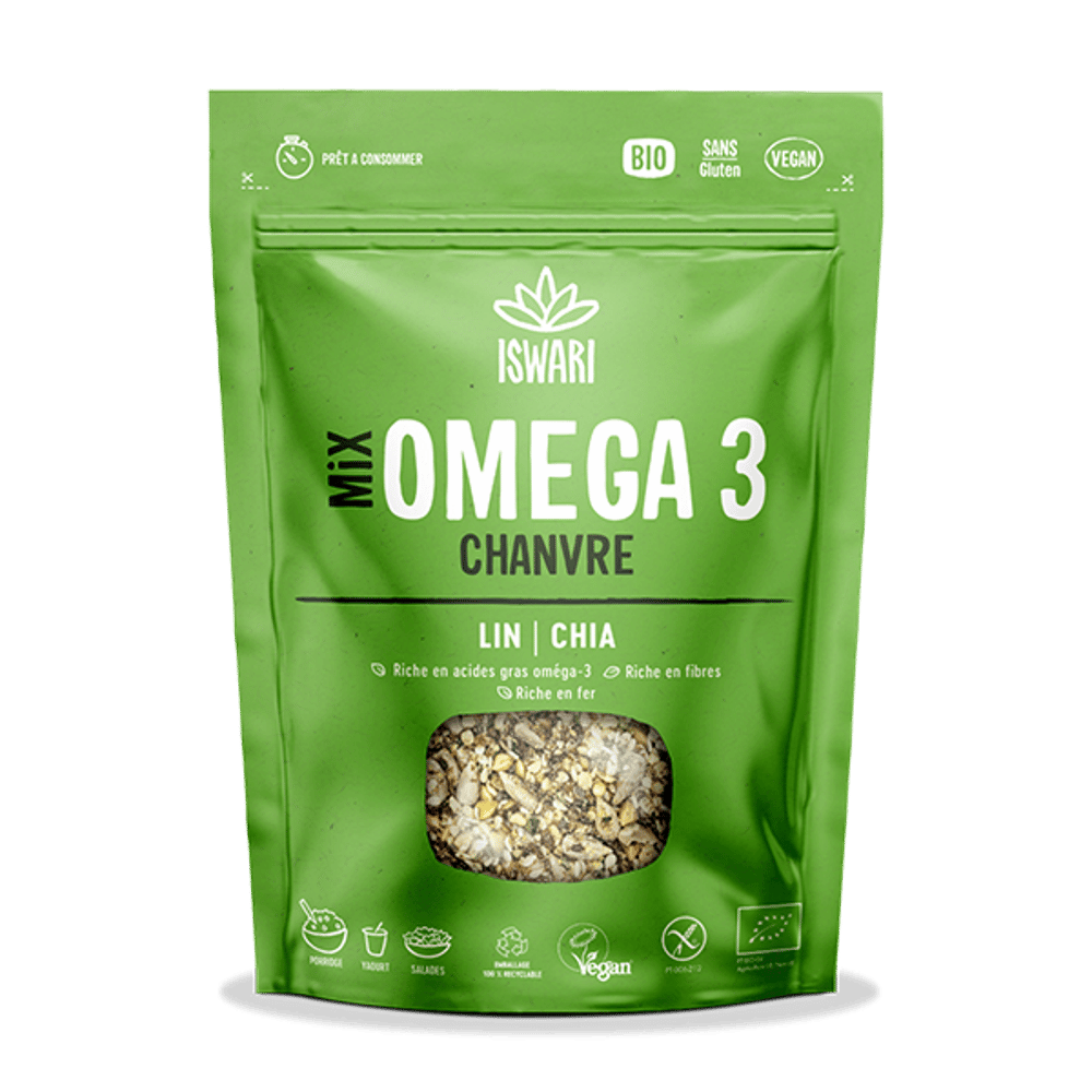 Mix Omega-3 Canhamo, Linho e Chia Bio 200gr Iswari Mix Ómega 3 Cânhamo, Linhaça e Chia, com ingredientes biológicos, sem glúten, adequado a vegans