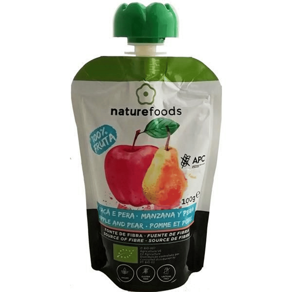 Polpa Maça e Pera Bio 100gr Naturfoods Polpa de Maçã e Pera, proveniente de agricultura biológica, sem glúten, sem lactose, adequado a vegans