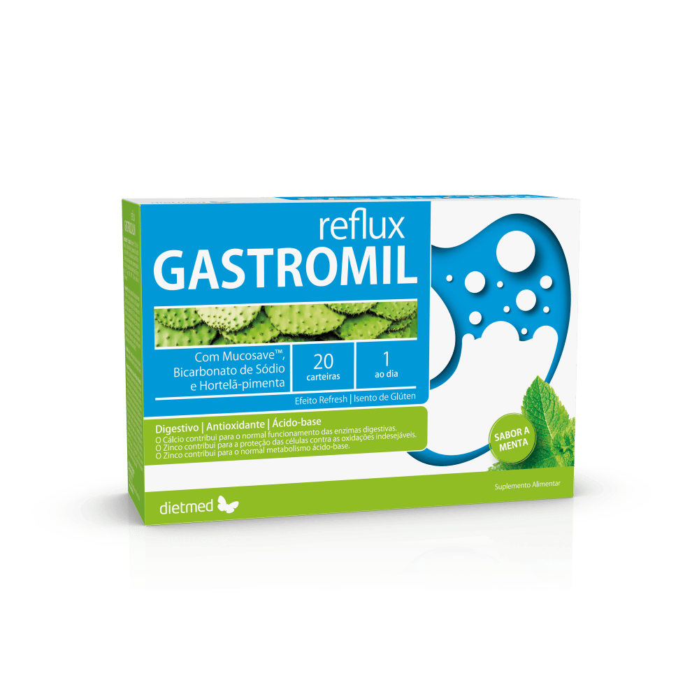Gastromil Reflux 20 saquetas dietmed menta Gastromil Reflux, suplemento alimentar sem álcool, sem glúten, sem soja