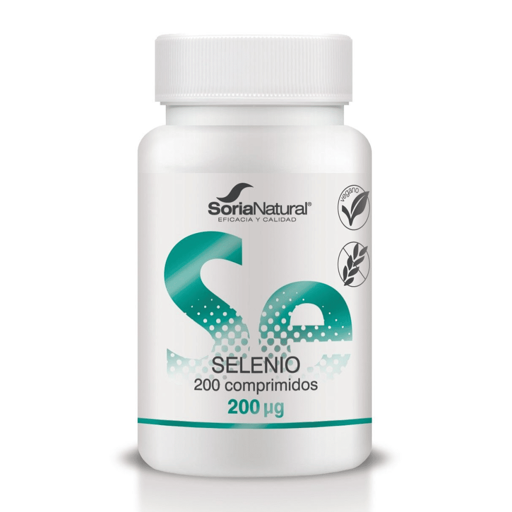 Selenio 200mc 200comp Soria Selénio, suplemento alimentar sem glúten e adequado a vegans