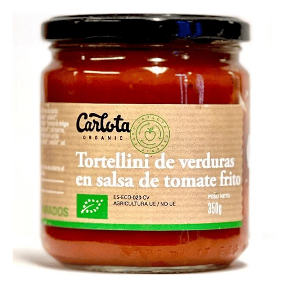 Tortellini com verduras e molho de tomate 350g bio Carlota Organic Tortellini com Verduras e Molho de Tomate, com ingredientes biológicos, para vegans