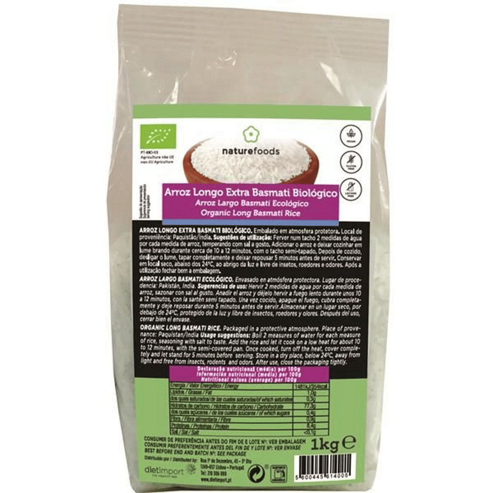 Arroz Basmati Extra Bio 1Kg Naturfoods Arroz Basmati Extra, de origem biológica, sem glúten e sem lactose, adequado a vegans