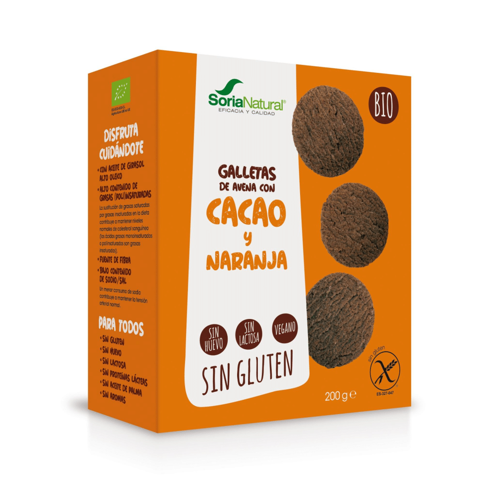 Bolachas de Aveia Cacau e Laranja Bio 200g Soria Bolachas de Aveia com Cacau e Laranja, com ingredientes biológicos, sem glúten e sem lactose, adequado para vegans