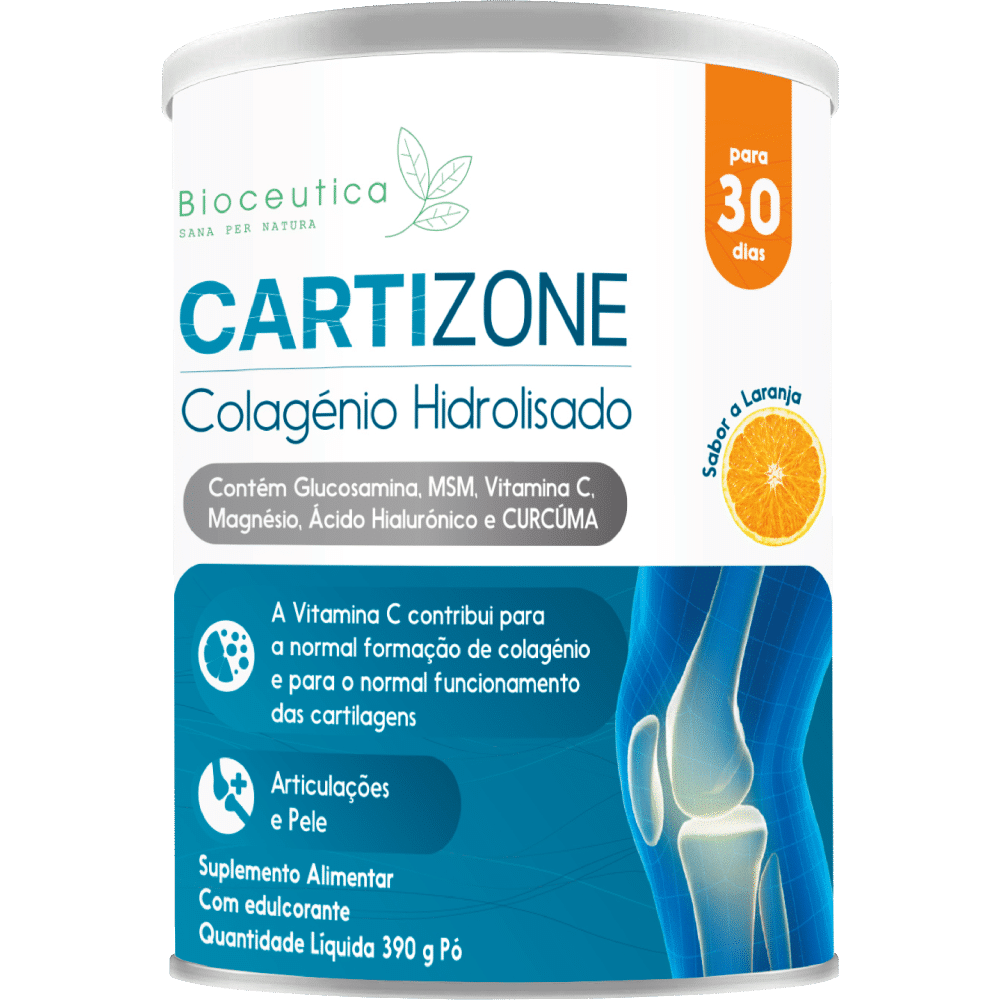 Cartizone sabor a laranja 390gr Bioceutica Cartizone Sabor a Laranja, contém Glucosamina, MSM, Vitamina C, Magnésio, Ácido Hilaurónico e Cúrcuma