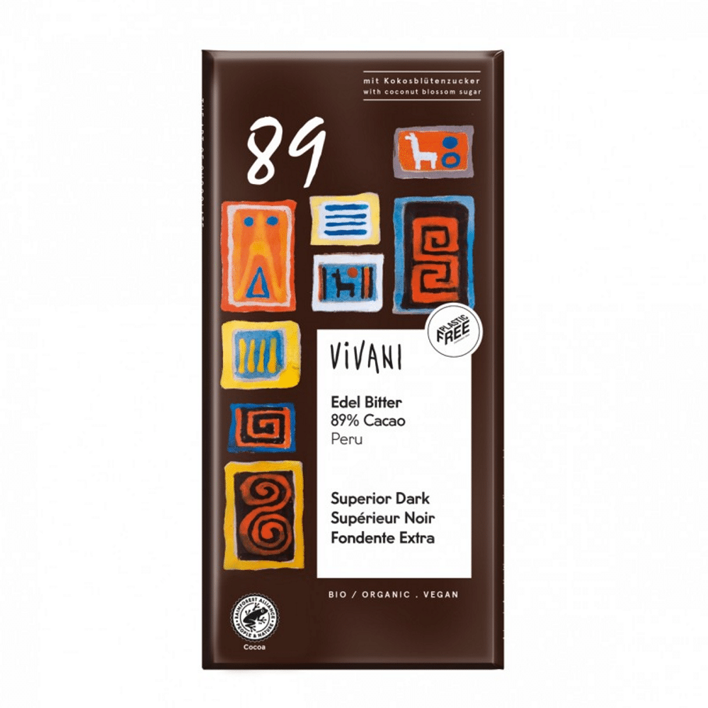 Chocolate Negro Superior 89% Peru com açucar de coco Bio 80gr Vivani Chocolate Negro 89% Peru com Açúcar de Coco, com ingredientes biológicos, para vegans