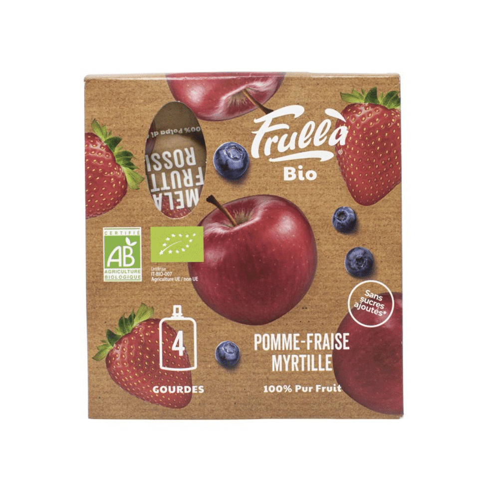 Pure de maçã, mirtilo e puré de morango 4x100gr Doypack Natura Nuova Puré de Maçã, Mirtilo e Morango com ingredientes de origem biológica