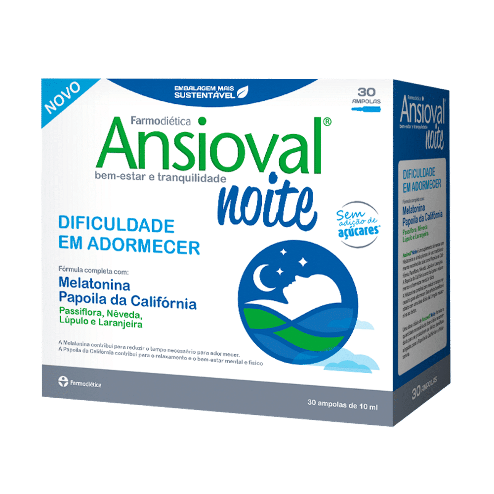 Ansioval Noite 30 ampolas Farmodiética Ansioval Noite ampolas, suplemento alimentar sem adição de açúcares que ajuda na dificuldade para adormecer