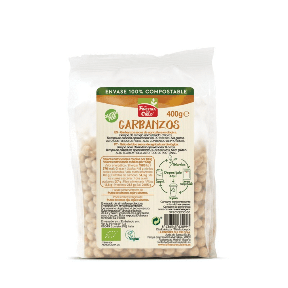 Grão 500gr Grão de Bico Secos, adequado a vegans, sem glúten e com ingredientes biológicos