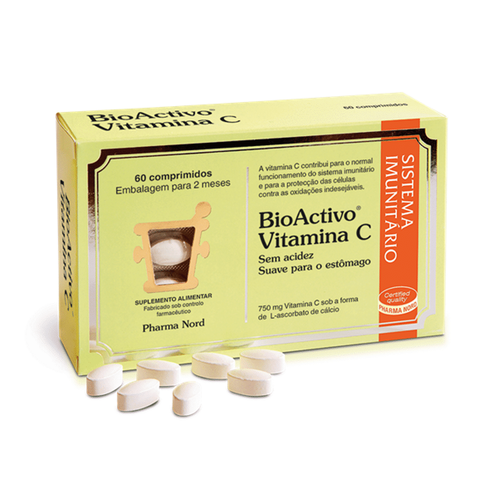 Biactivo Vitamina C 60 comps PharmaNord BioActivo Vitamina C, suplemento alimentar para o sistema imunitário, sem glúten, adequado a vegetarianos