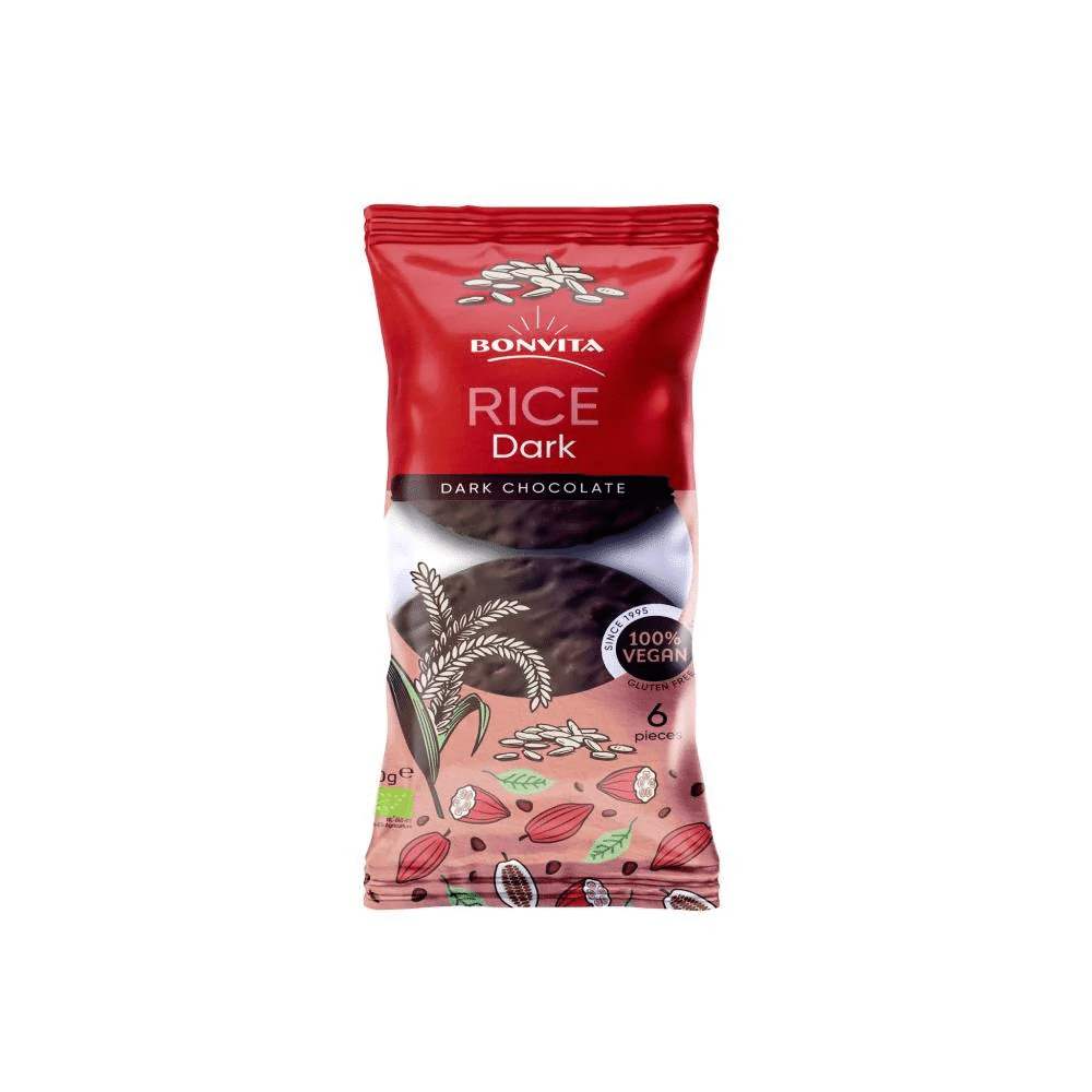 Galetes de Arroz c chocolate Negro Bio 100gr Bonvita Galetes de Arroz com Chocolate Negro, com ingredientes biológicos, sem glúten