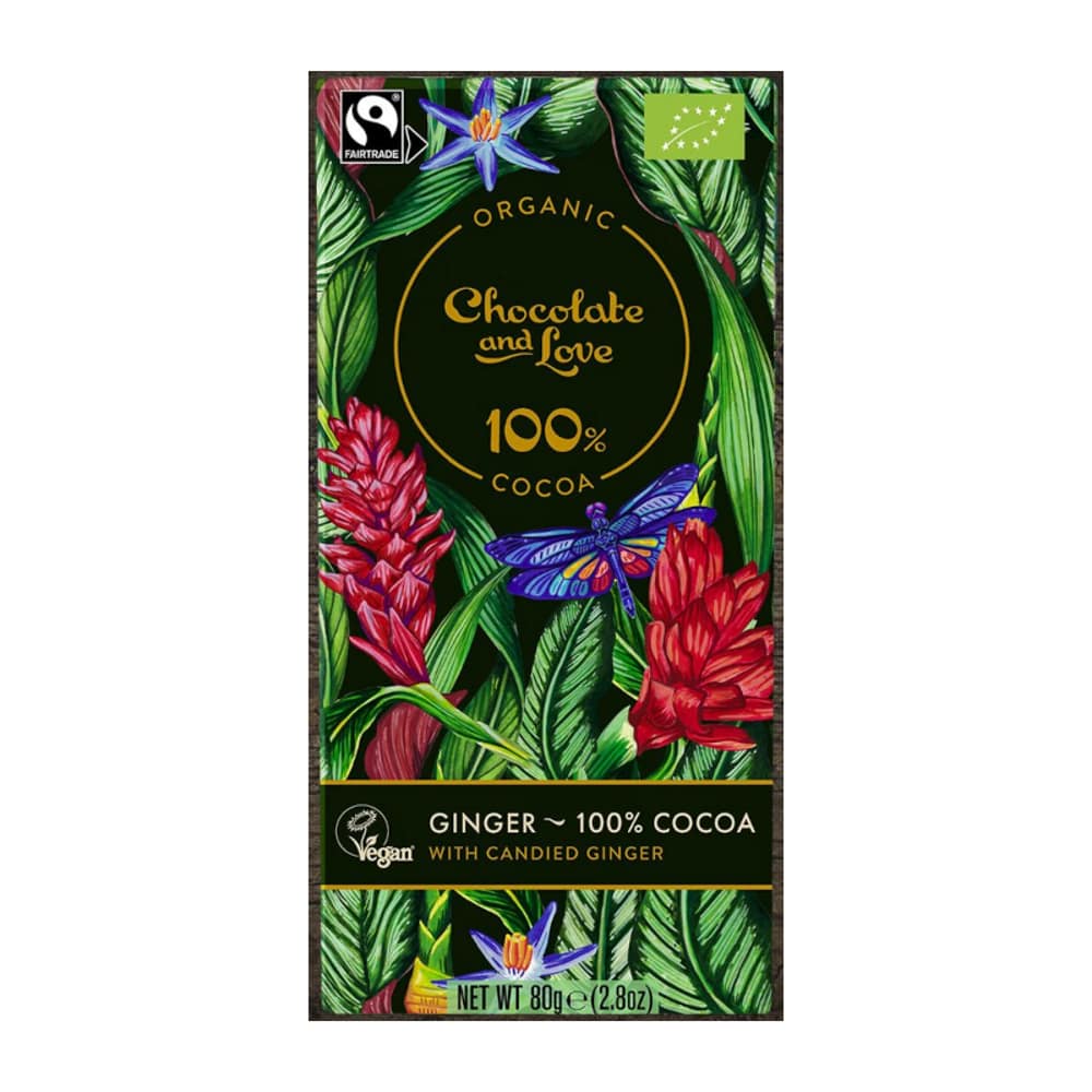 Chocolate 100% cacau c gengibre cristalizado bio vegan 80g Chocolate and Love Chocolate Preto com Gengibre Cristalizado, vegan e biológico