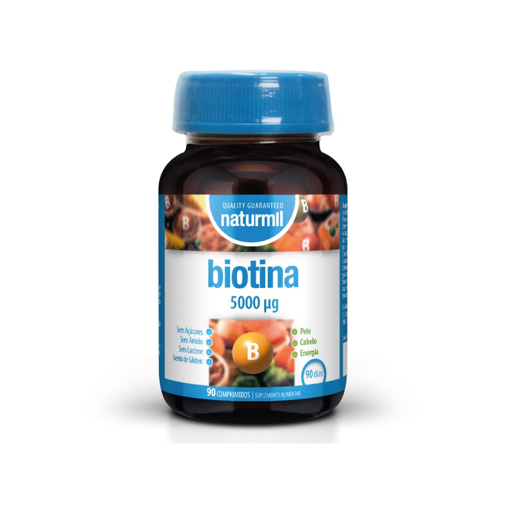 Biotina 5000mcg 90comp Naturmil Biotina 5000 mcg, suplemento alimentar sem lactose e sem glúten