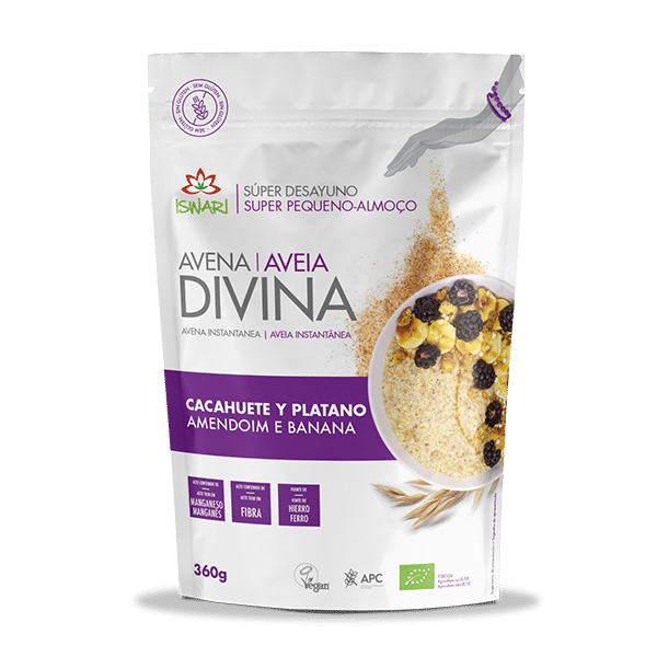 aveia divina amendoim e banana 360g bio frente iswari Aveia Divina Amendoim e Banana, biológico, sem glúten, vegan