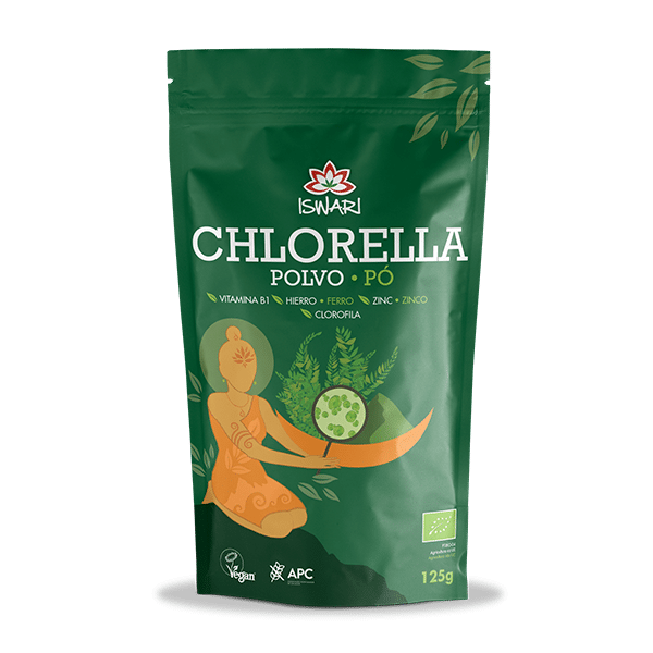 clorela po bio 125g frente iswari Clorela em Pó Bio, sem glúten, vegan