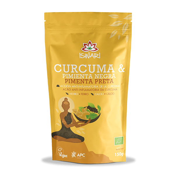 curcuma e pimenta preta po bio 150g frente iswaei Curcuma e Pimenta Preta em Pó, biológico, sem glúten, vegan