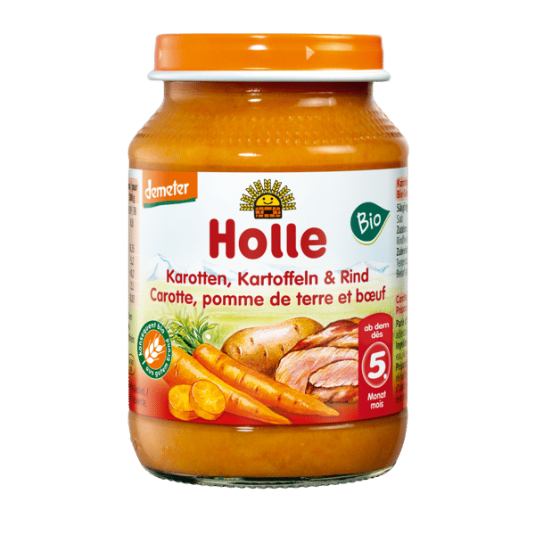 Puré Cenoura +Batata+Vaca Bio 4M 190gr - Holle Puré de Cenoura, Batata e Carne de Vaca, com ingredientes biológicos, sem glúten, sem lactose