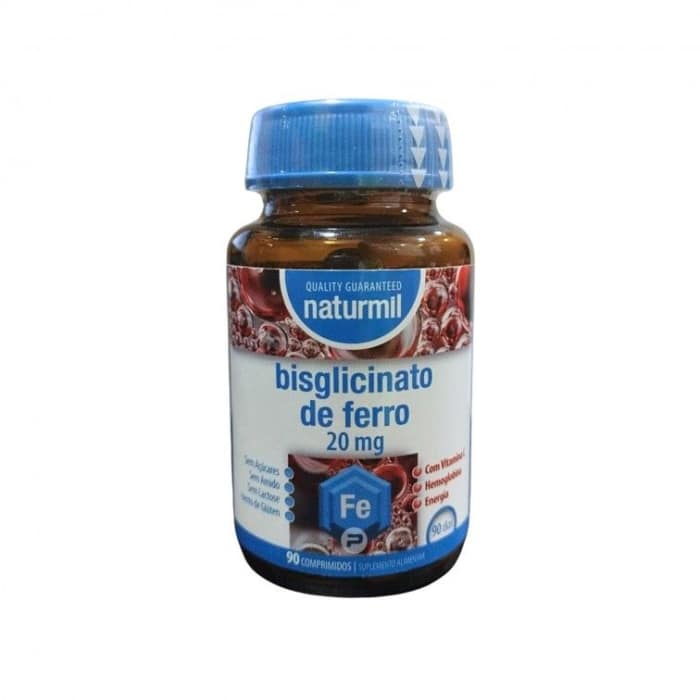 Bisglicitano de ferro 90comp Naturmil Bisglicitano de Ferro, suplemento alimentar sem lactose, sem glúten