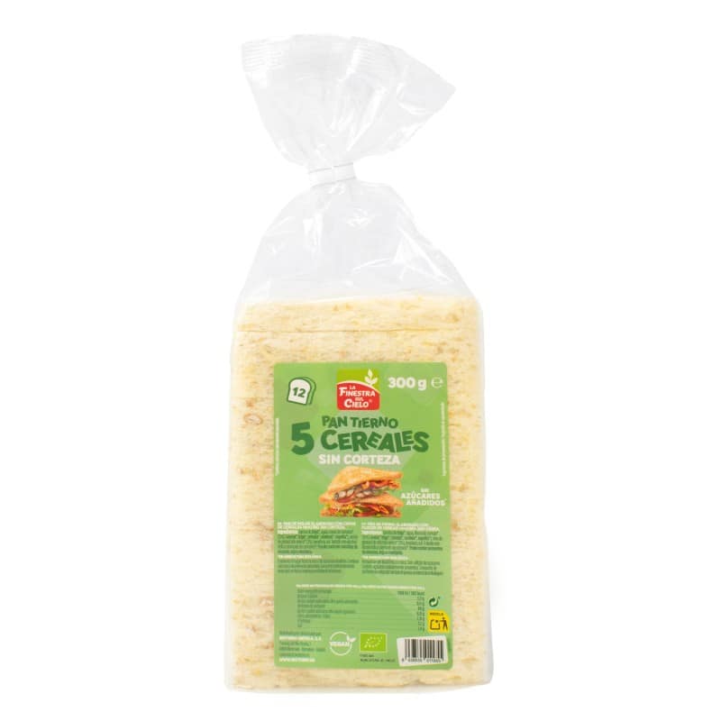 Pão de forma sem côdea 5 cereais Bio 300gr Finestra Pão de Forma Sem Côdea 5 Cereais com ingredientes biológicos, para vegans