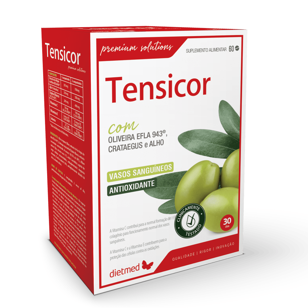 Tensicor, suplemento alimentar sem glúten, sem lactose, vegan