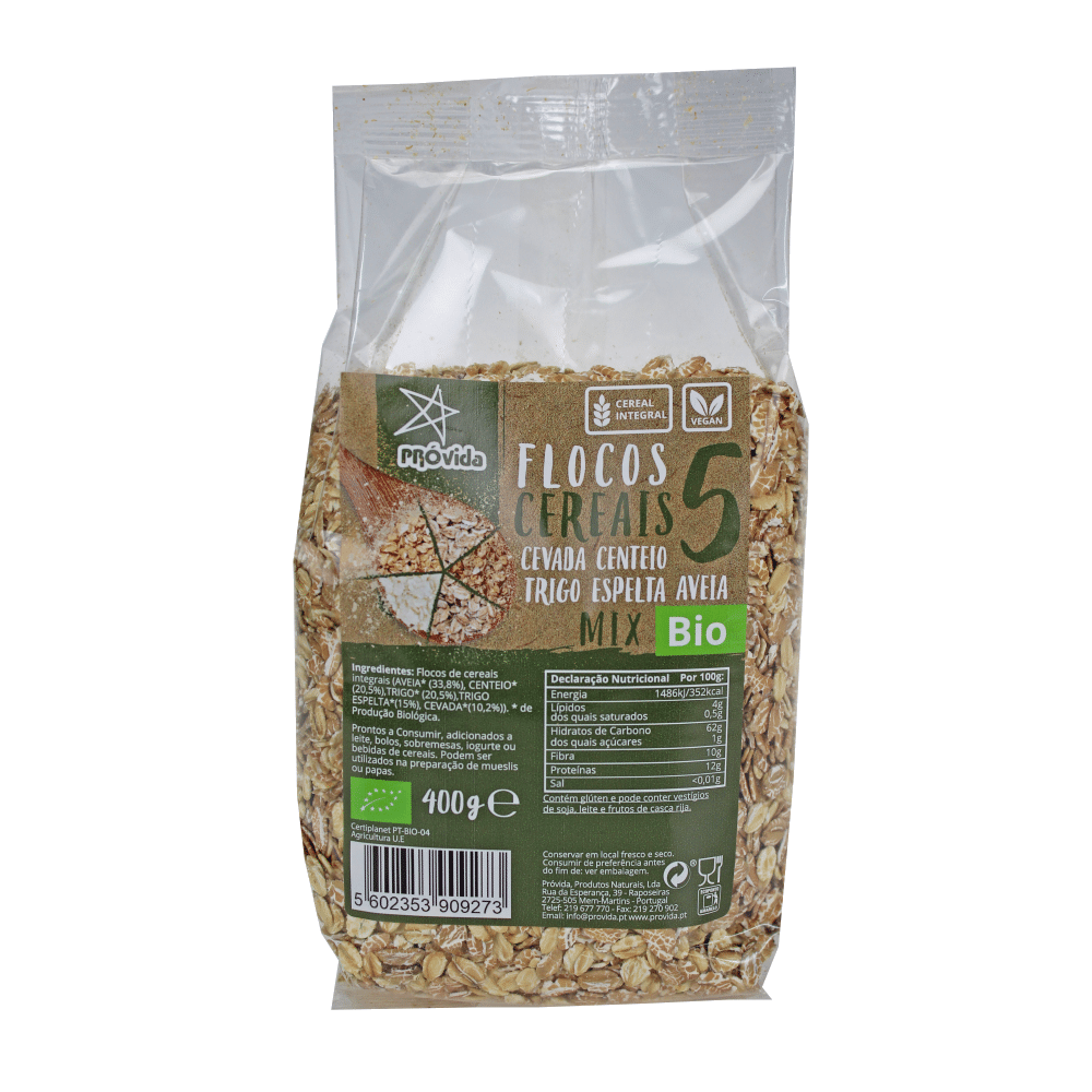 Flocos Mix 5 Cereais BIO 400g Flocos Mix 5 Cereais, biológico, vegan