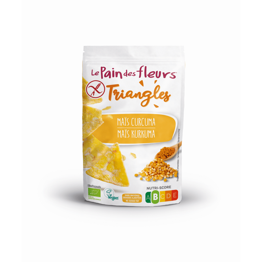Snack Triangulos com Curcuma Snack Triângulos com Curcuma, com ingredientes biológicos, sem glúten, vegan
