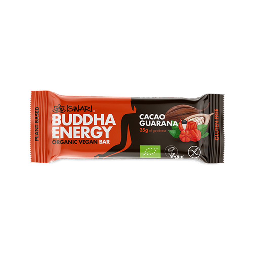 Barra Energetica Buda Cacau Guarana SG Iswari Barra Energética Cacau e Guaraná, com ingredientes biológicos, sem glúten, vegan
