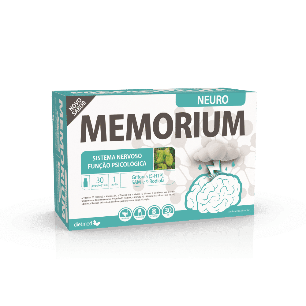 Memorium neuro 30 ampolas novo sabor dietmed Memorium Neuro, sem açúcar, sem álcool, sem glúten, sem lactose, vegan