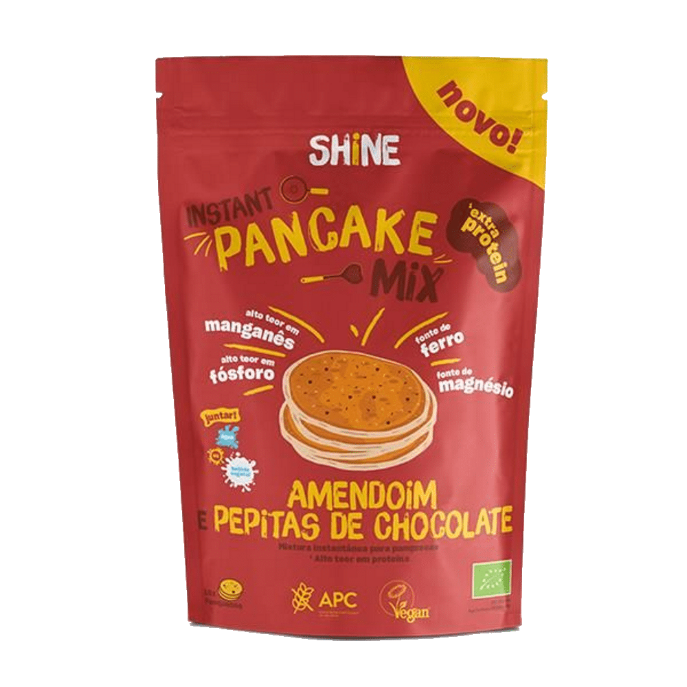 Pancake Mix Amendoim + Pepitas Choc BIo SG 400gr SHINE Pancake Mix Amendoim + Pepitas Chocolate, com ingredientes biológicos, sem glúten, vegan