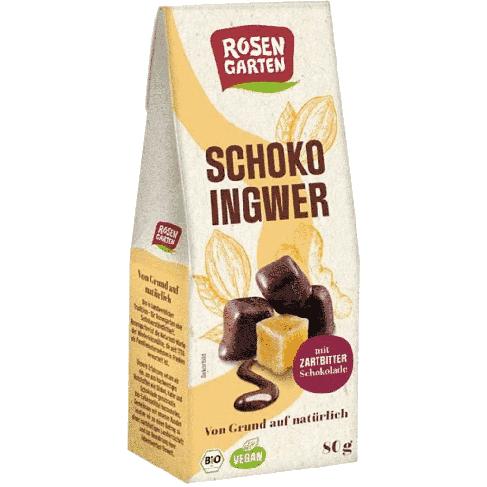 Gengibre coberto C Choc Preto Bio 80gr RosenGarten Gengibre Cristalizado com Chocolate Preto, com ingredientes biológicos, vegan
