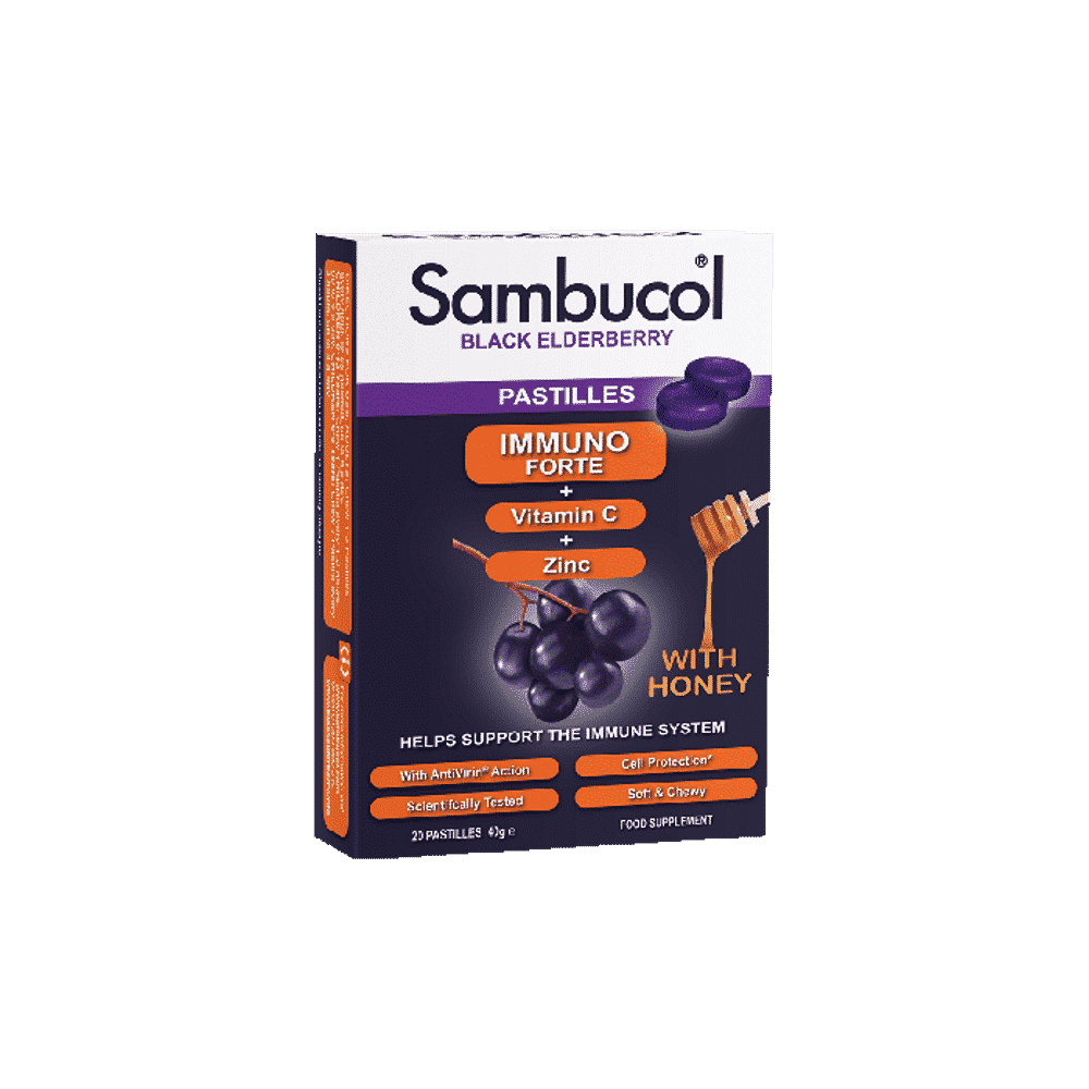 Immunoforte Sabugueiro Vit C Zn 20 Past. Sambucol Sabugueiro Immunoforte + Vitamina C + Zinco Pastilhas, suplemento alimentar
