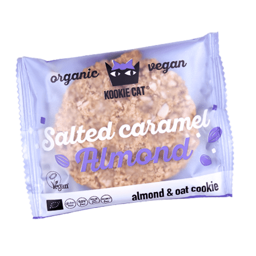 Kookie Cat Amendoa e caramelo Salgago 50gr Kookie Salted Caramel Almond, com ingredientes biológicos, sem glúten, vegan