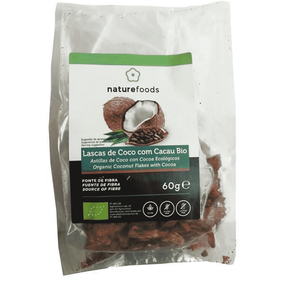 Lascas Coco e Cacau Bio 60 g Naturefoods Lascas de Coco e Cacau, biológico, sem glúten, sem lactose, vegan