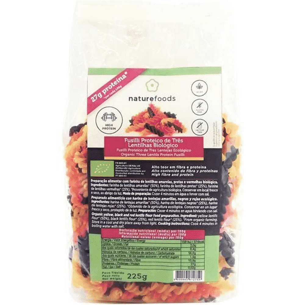 Massa Fusili 3 Lentilhas 225gr Naturfoods Massa Fusili 3 Lentilhas, biológico, sem glúten, sem lactose, vegan