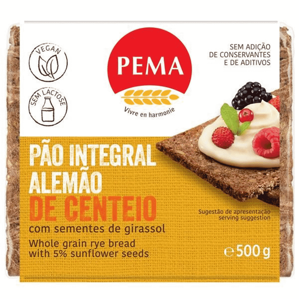 Pão Alemão Int. Sem. Girassol 500gr - Pema Pão Alemão Integral com Sementes de Girassol, sem lactose, vegan