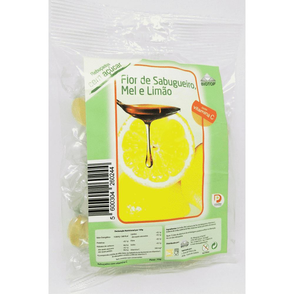 Rebuçados Flôr de sabugueiro Mel e Limão 75gr Rebuçados Flor de Sabugueiro, Mel e Limão sem glúten