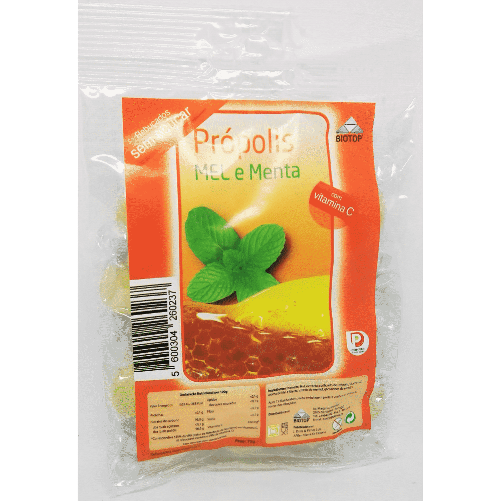 Rebuçados Propolis Mel e Menta 75gr Rebuçados Própolis, Mel e Menta sem glúten